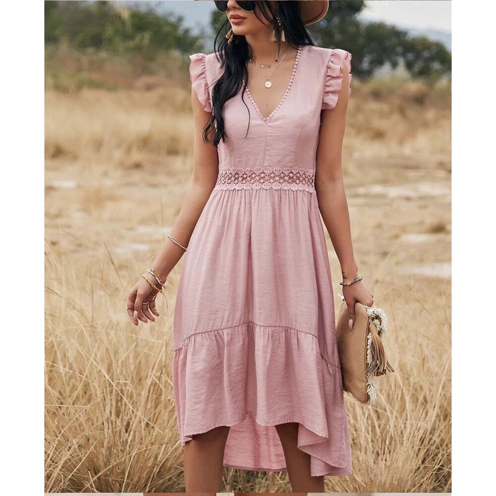 Gaovot Women's Medium Dress Rose Pink High-Low Cut-Out Crochet Waist Boho Chic